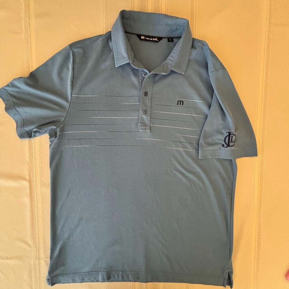 TRAVISMATHEW Polo Shirt Mens Large Blue Striped Short Sleeve Golf Flawed